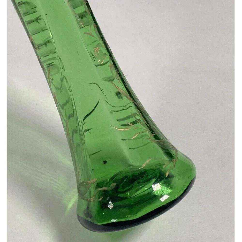 Emerald Green Glass Bud Vase Gold Etched Floral Art Mid Century Decor 8